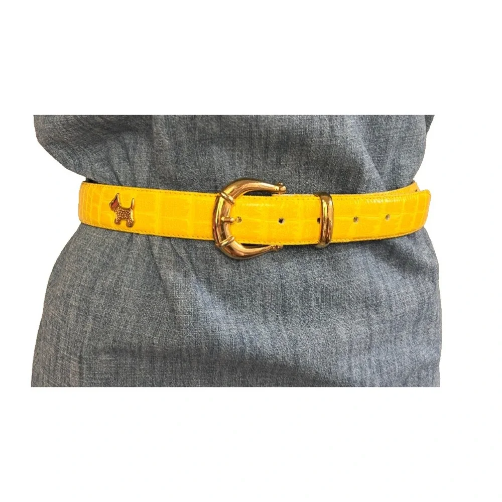 French Croute De Vachette Embossed Leather Belt Terrier Gold Yellow Size Small